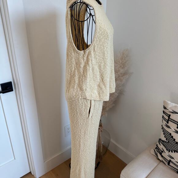 Free People Beach Oatmeal Yellow Ribbed Knit Sweater Wide Leg Pant Tank Set  XS - Picture 4 of 12